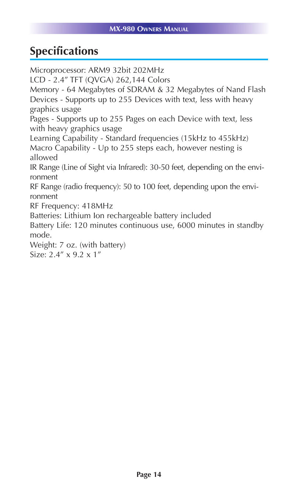 Specifications | Universal Remote Control (URS) MX-980 User Manual | Page 17 / 20