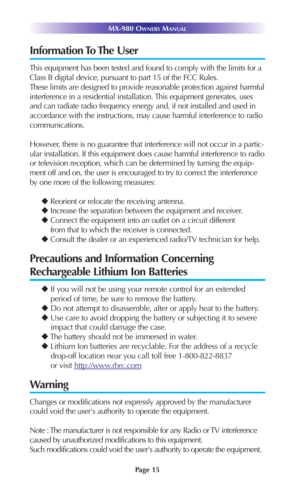 Information to the user, Warning | Universal Remote Control (URS) MX-980 User Manual | Page 18 / 20