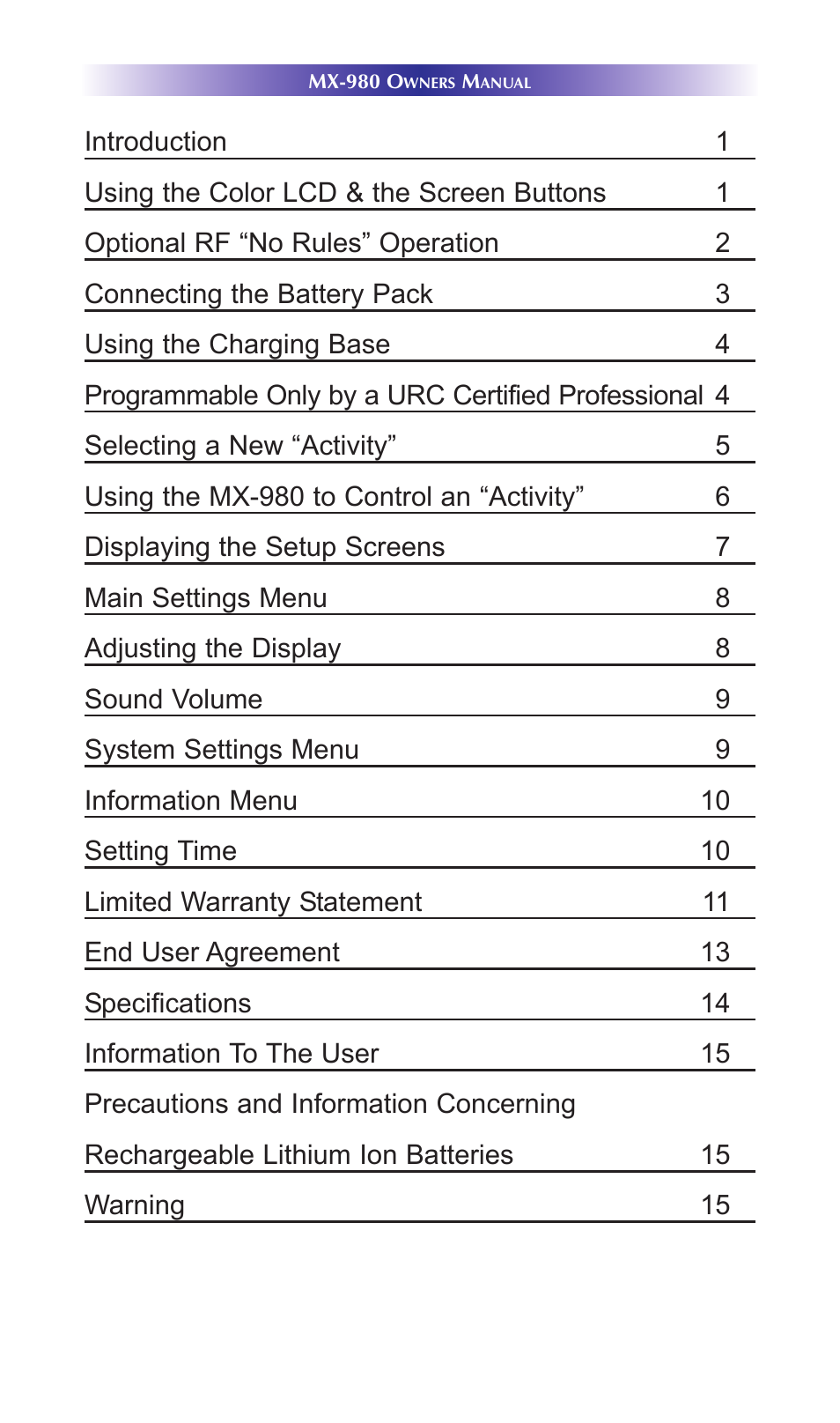 Universal Remote Control (URS) MX-980 User Manual | Page 3 / 20