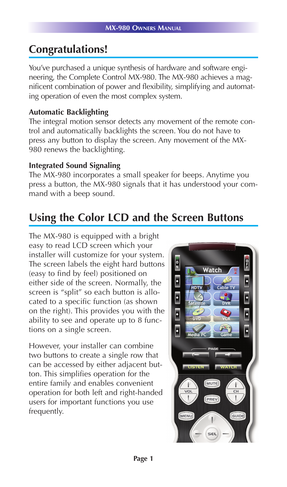 Color lcd & the screen buttons, Using the color lcd and the screen buttons | Universal Remote Control (URS) MX-980 User Manual | Page 4 / 20