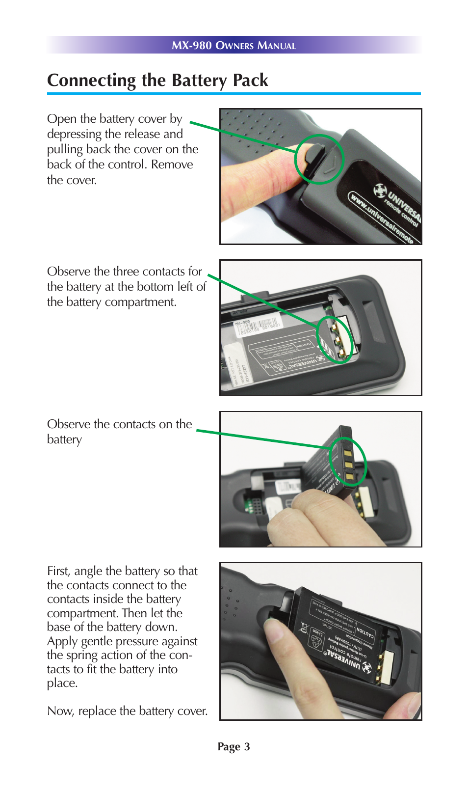 Connecting the battery pack | Universal Remote Control (URS) MX-980 User Manual | Page 6 / 20