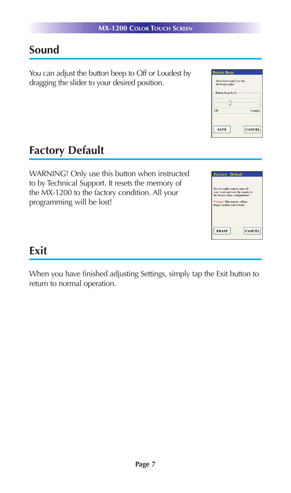 Sound, Factory default, Exit | Universal Remote Control (URS) MX-1200 User Manual | Page 10 / 20