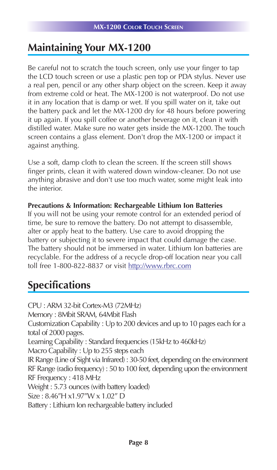 Maintaining your mx-1200, Specifications | Universal Remote Control (URS) MX-1200 User Manual | Page 11 / 20