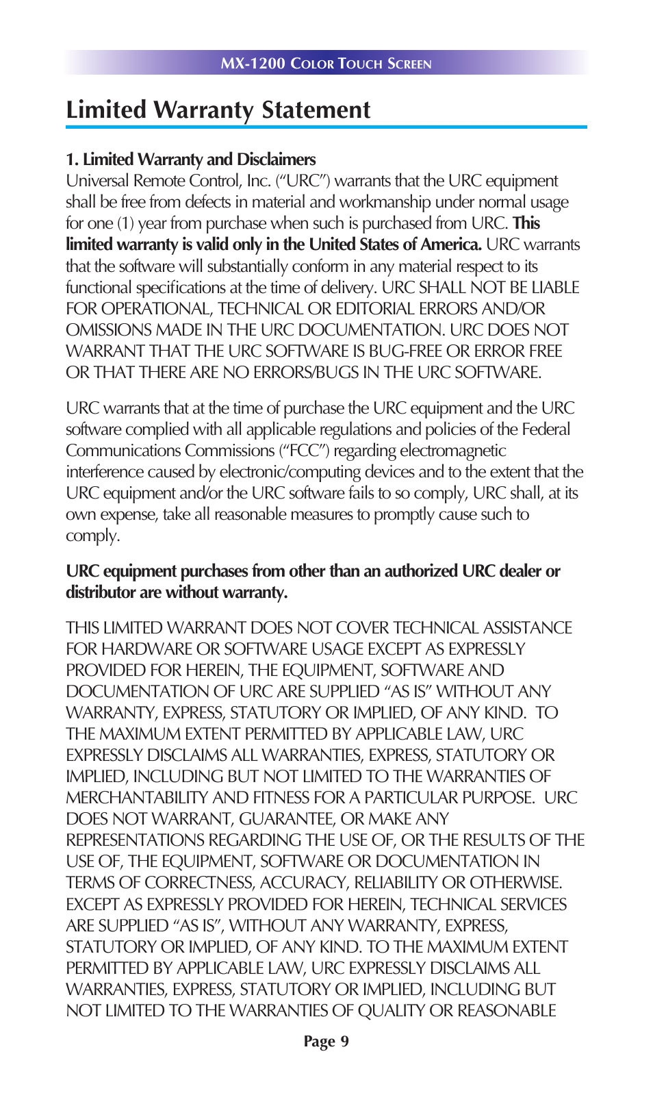 Limited warranty statement | Universal Remote Control (URS) MX-1200 User Manual | Page 12 / 20