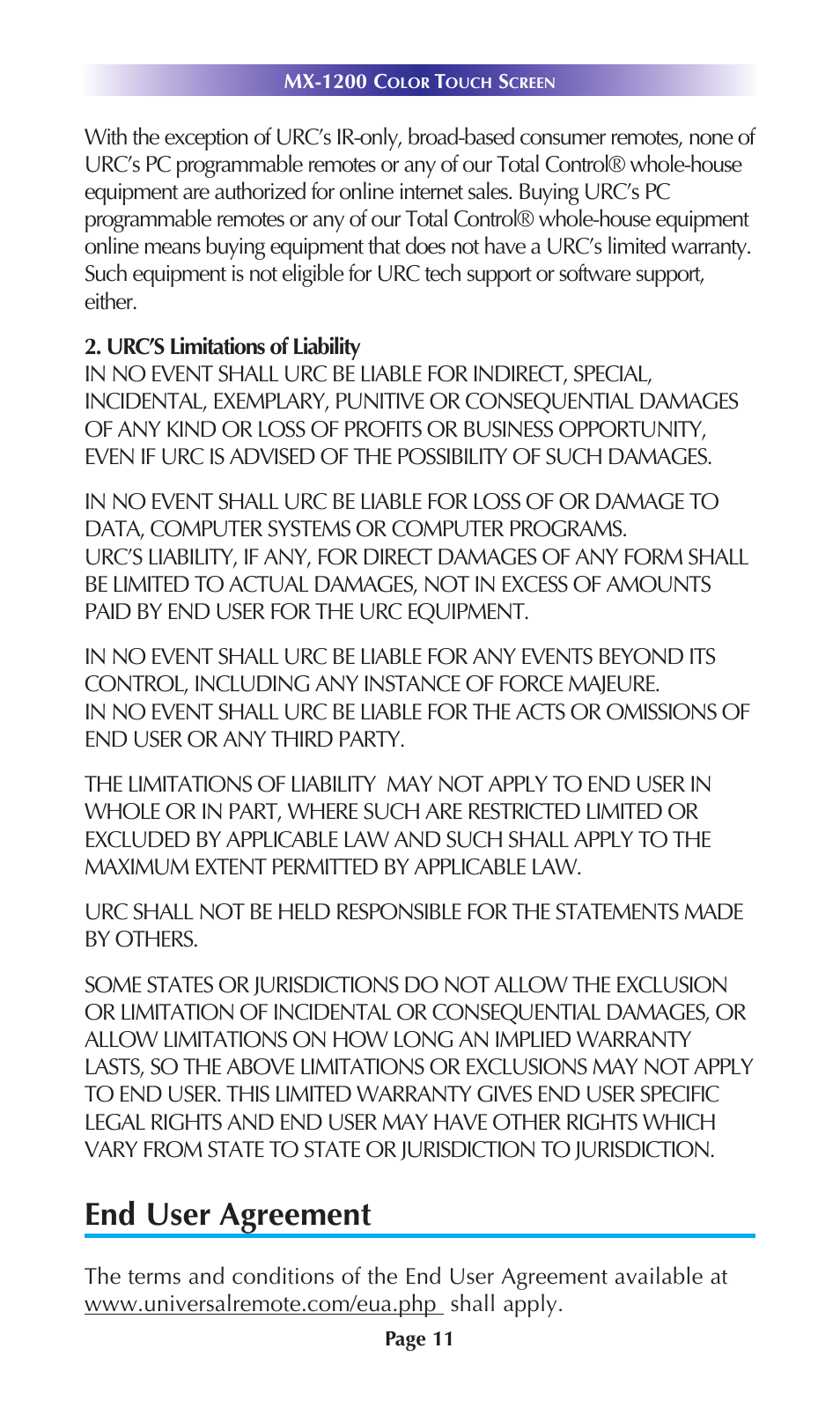 End user agreement | Universal Remote Control (URS) MX-1200 User Manual | Page 14 / 20