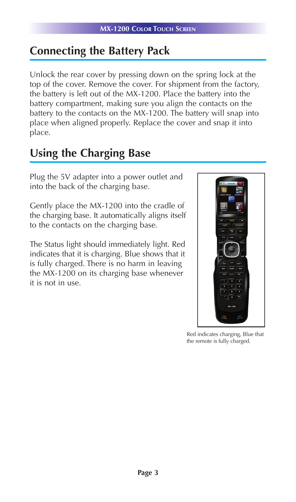 Connecting the battery pack, Using the charging base | Universal Remote Control (URS) MX-1200 User Manual | Page 6 / 20