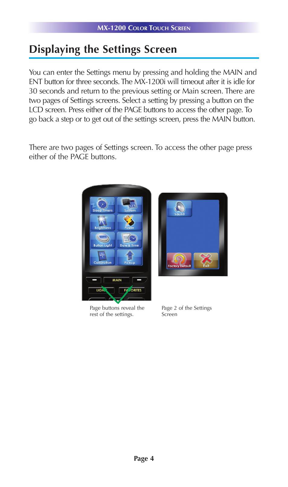 Displaying the settings screen | Universal Remote Control (URS) MX-1200 User Manual | Page 7 / 20