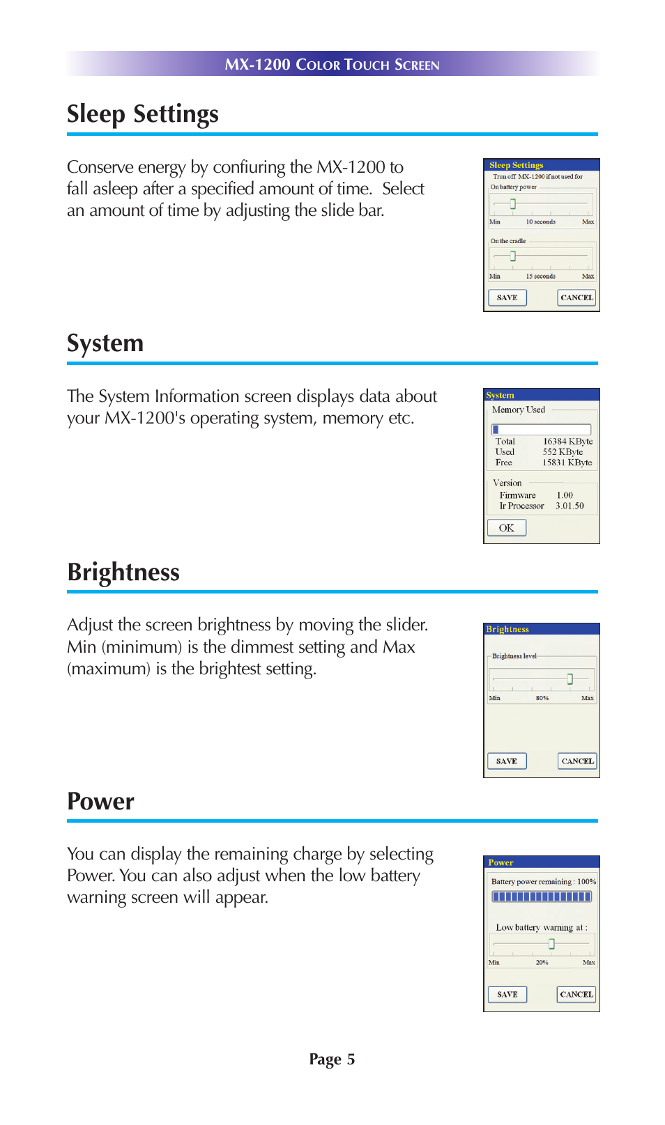 Sleep settings, System, Brightness | Power | Universal Remote Control (URS) MX-1200 User Manual | Page 8 / 20