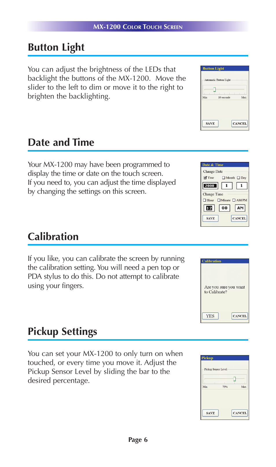 Button light, Date and time, Calibration | Pickup settings | Universal Remote Control (URS) MX-1200 User Manual | Page 9 / 20