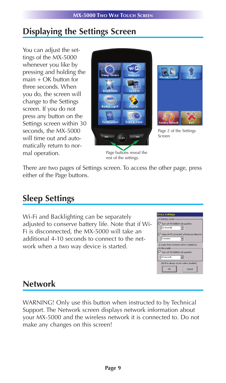 Displaying the settings screen, Sleep settings, Network | Universal Remote Control (URS) MX-5000 User Manual | Page 12 / 24