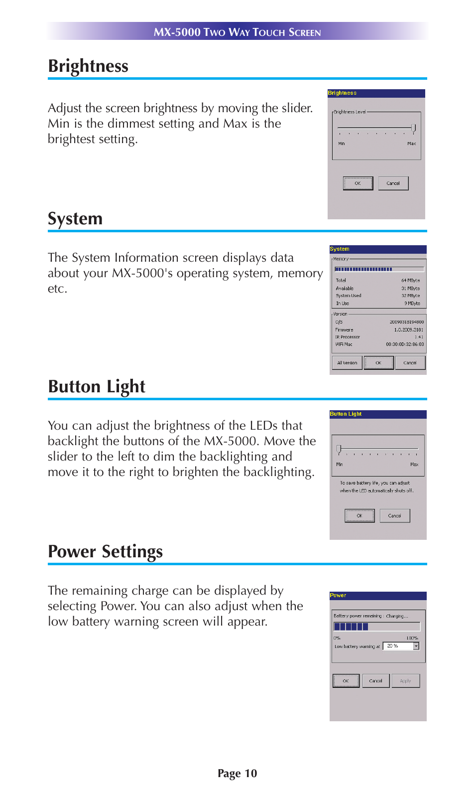 Brightness, System, Button light | Power settings | Universal Remote Control (URS) MX-5000 User Manual | Page 13 / 24