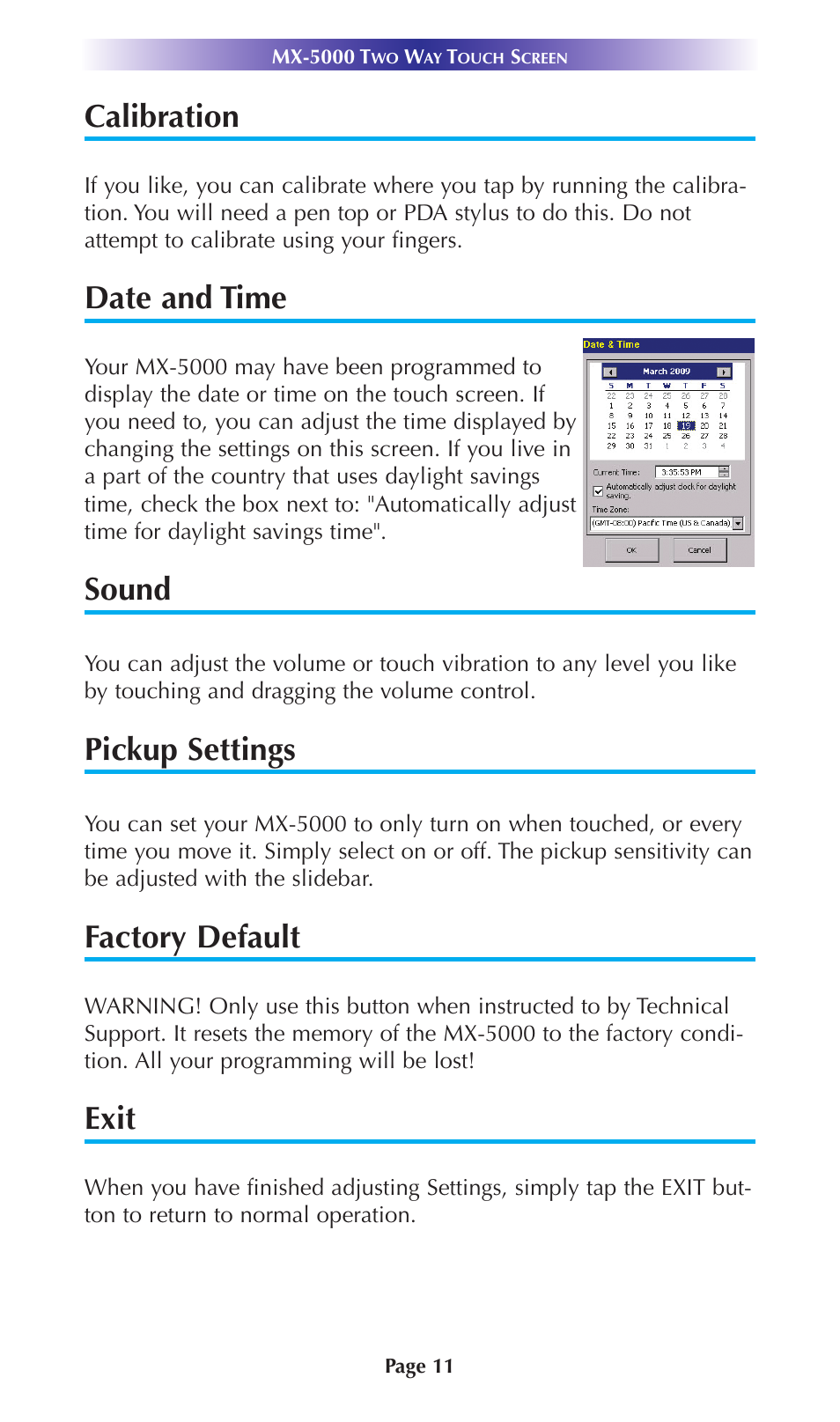 Calibration, Date and time, Sound | Pickup settings, Factory default, Exit | Universal Remote Control (URS) MX-5000 User Manual | Page 14 / 24