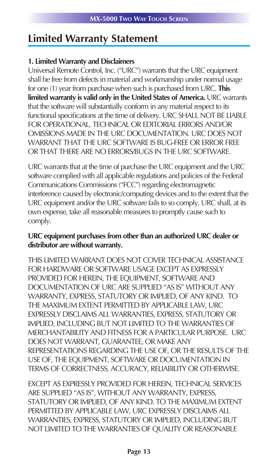 Limited warranty statement | Universal Remote Control (URS) MX-5000 User Manual | Page 16 / 24