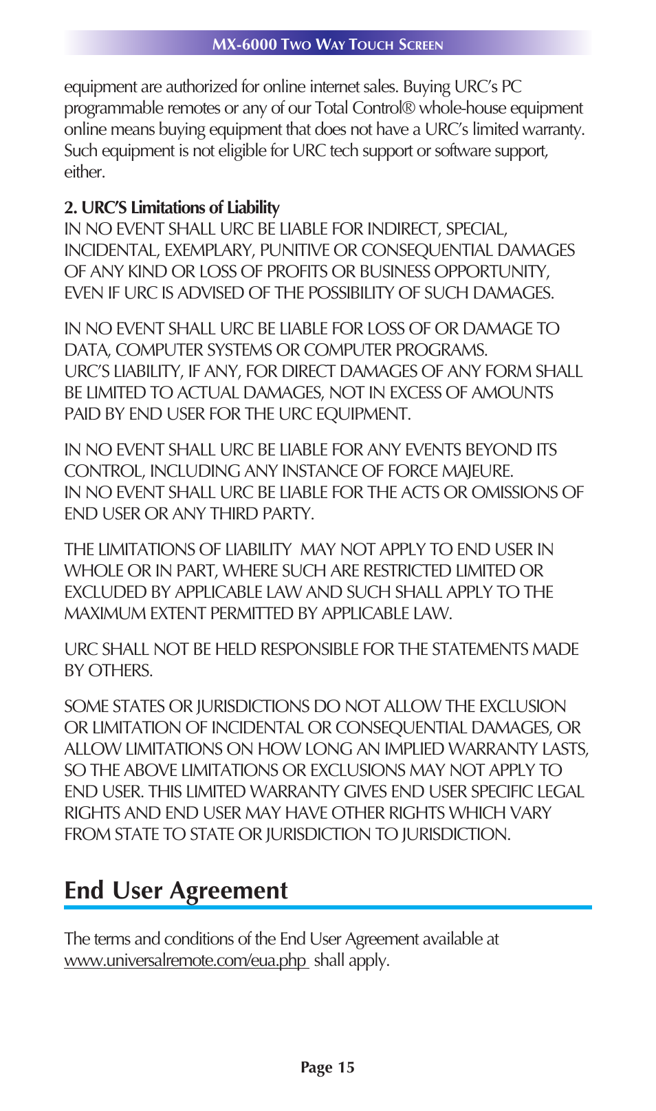 End user agreement | Universal Remote Control (URS) MX-5000 User Manual | Page 18 / 24