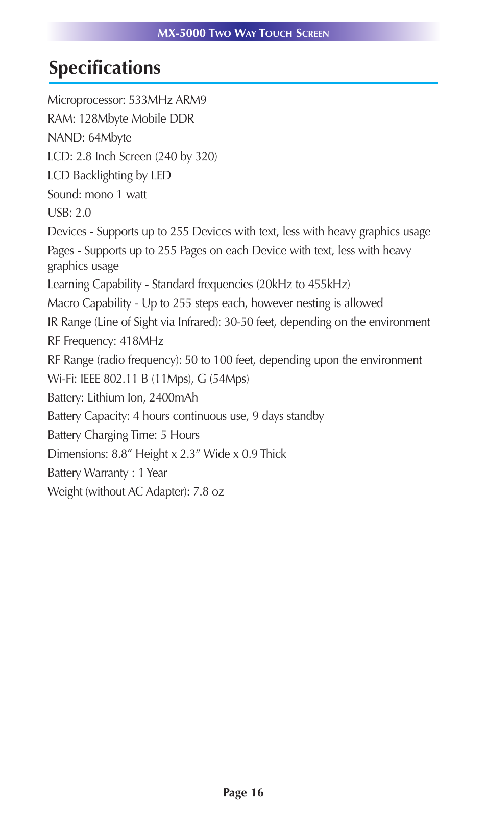 Specifications | Universal Remote Control (URS) MX-5000 User Manual | Page 19 / 24
