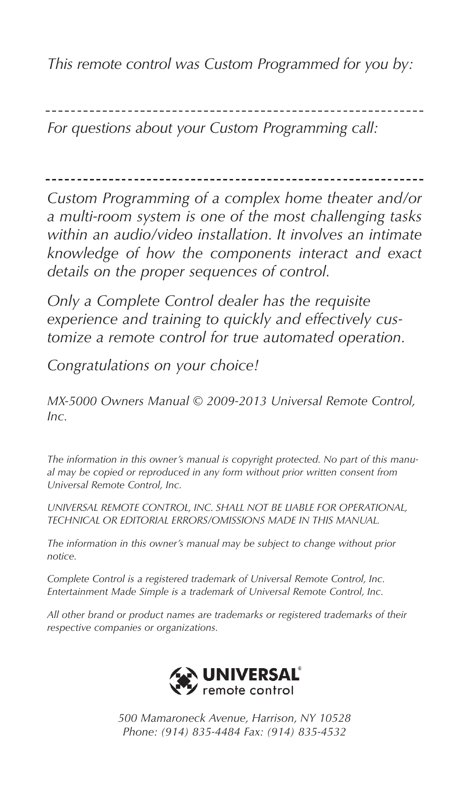 Universal Remote Control (URS) MX-5000 User Manual | Page 2 / 24