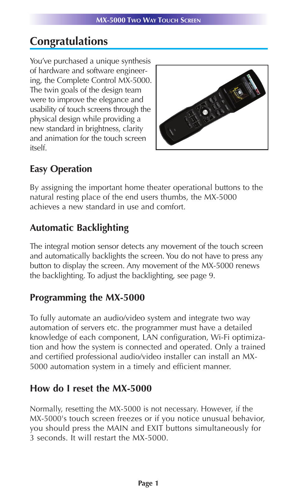 Easy operation, Automatic backlighting, Programming the mx-5000 | How do i reset the mx-5000 | Universal Remote Control (URS) MX-5000 User Manual | Page 4 / 24