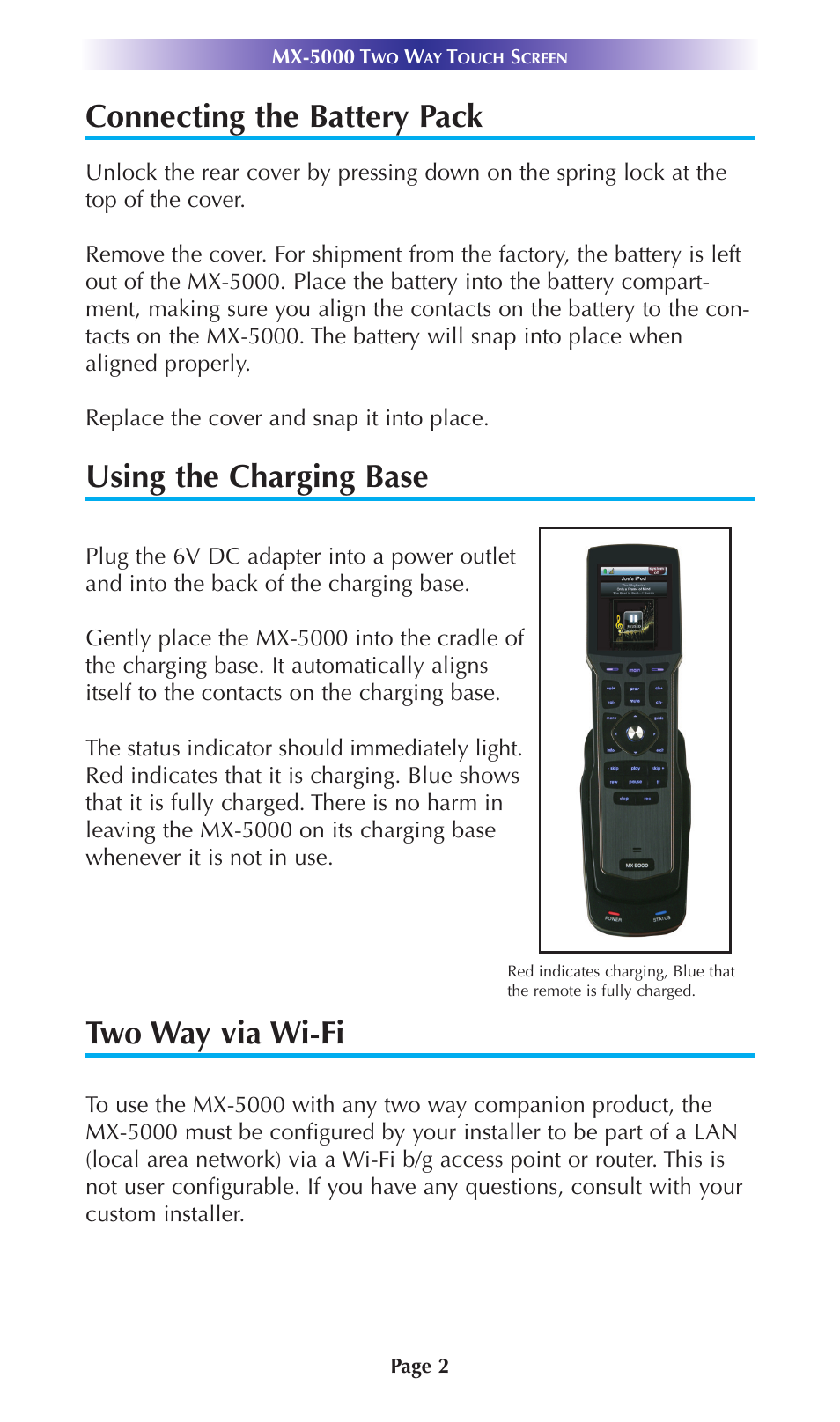 Connecting the battery pack, Using the charging base, Two way via wi-fi | Universal Remote Control (URS) MX-5000 User Manual | Page 5 / 24