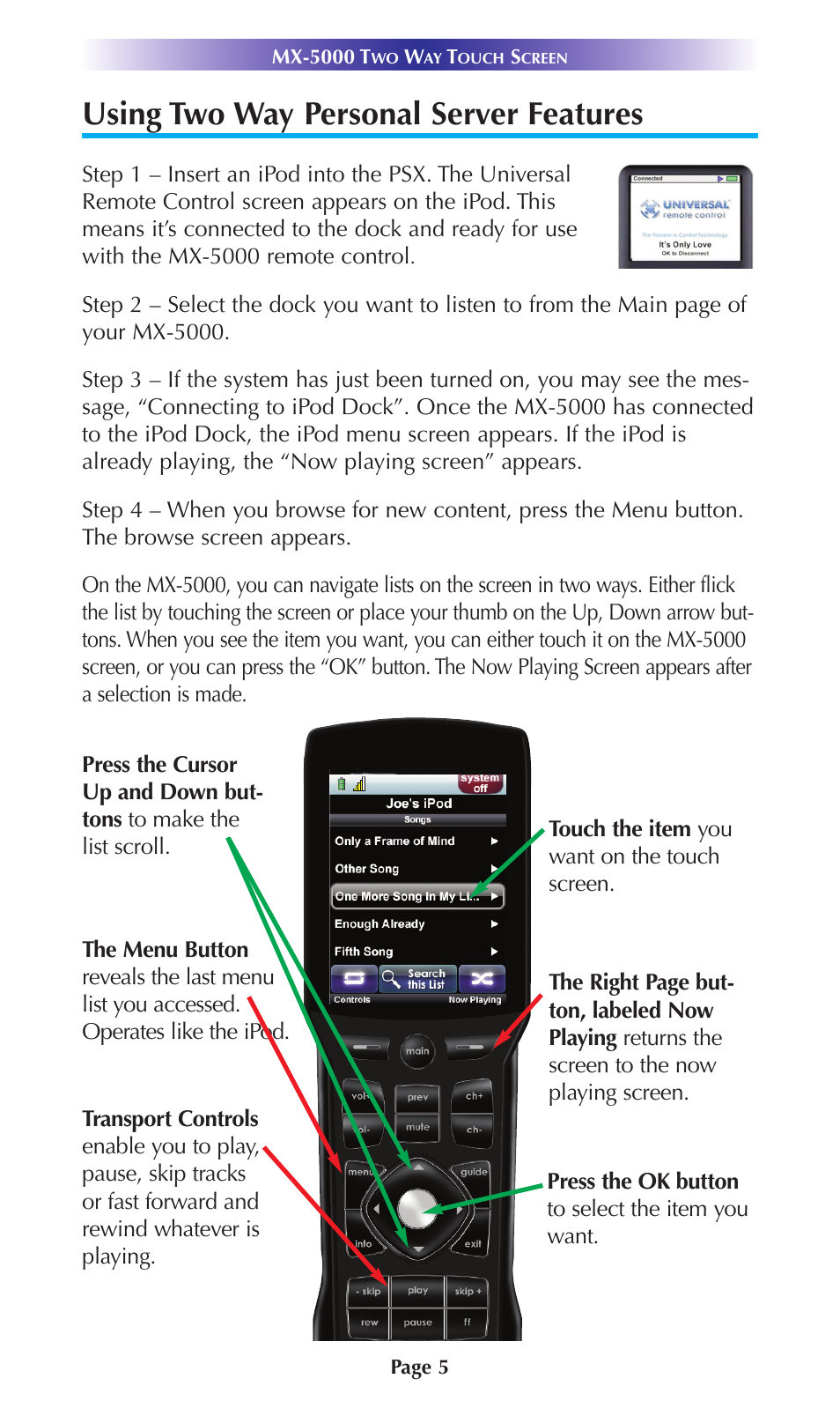 Using two way personal server features | Universal Remote Control (URS) MX-5000 User Manual | Page 8 / 24