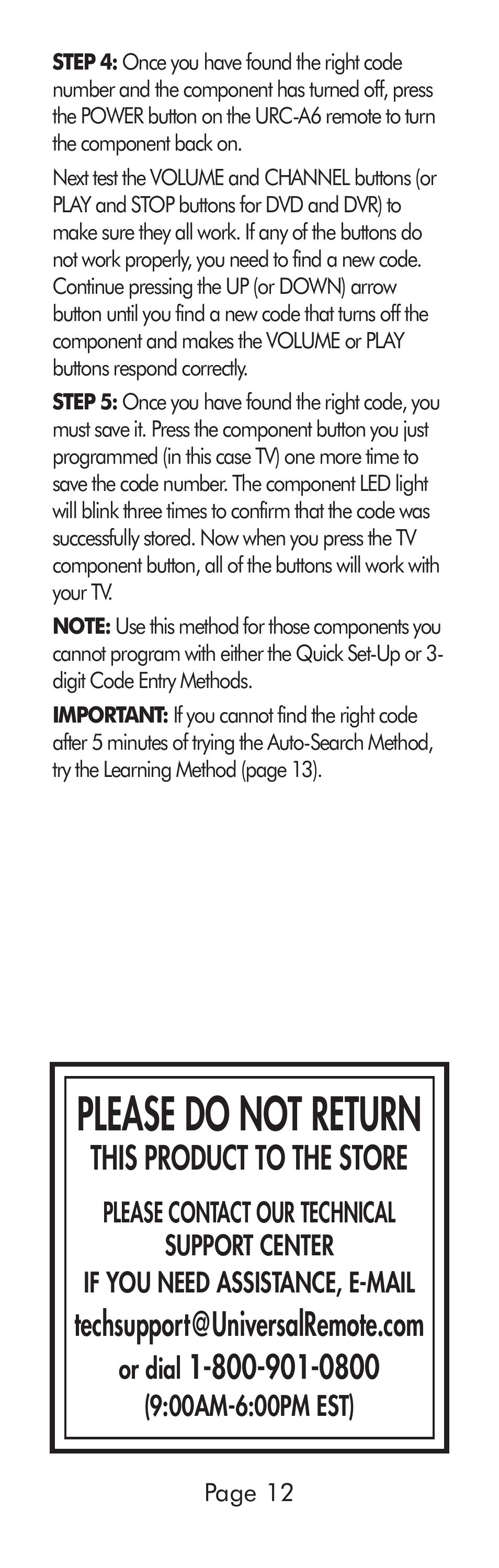 Please do not return, This product to the store | Universal Remote Control (URS) A6 User Manual | Page 12 / 48