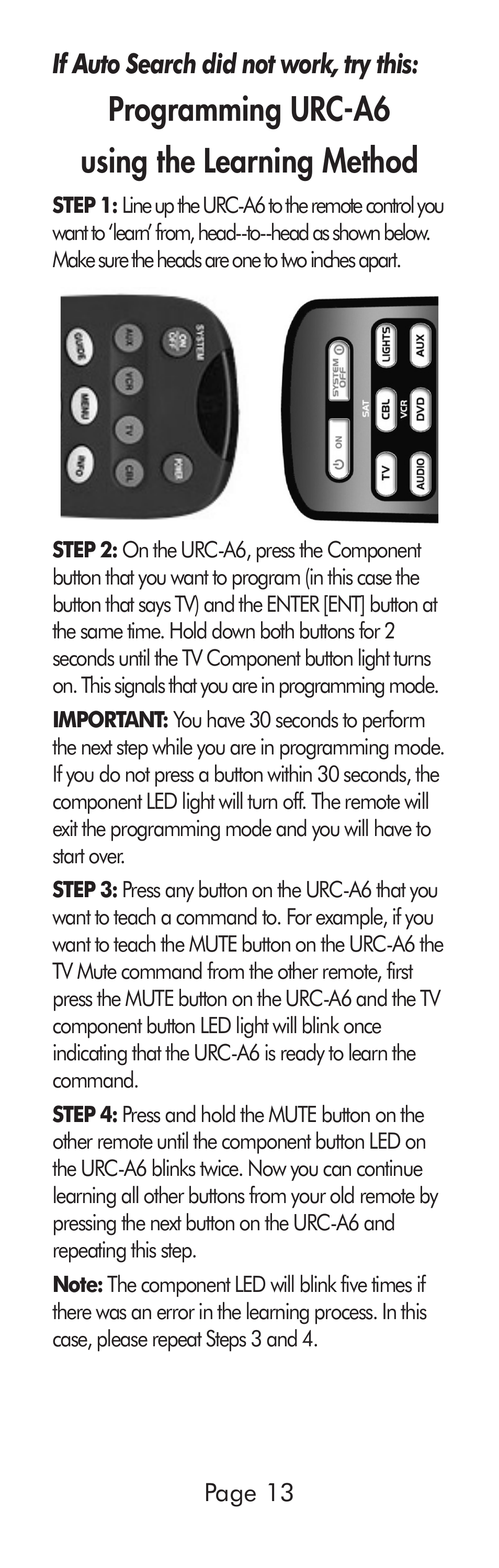 Programming urc-a6 using the learning method | Universal Remote Control (URS) A6 User Manual | Page 13 / 48