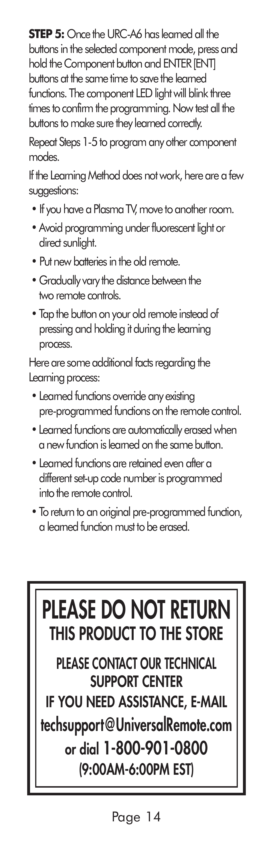Please do not return, This product to the store | Universal Remote Control (URS) A6 User Manual | Page 14 / 48
