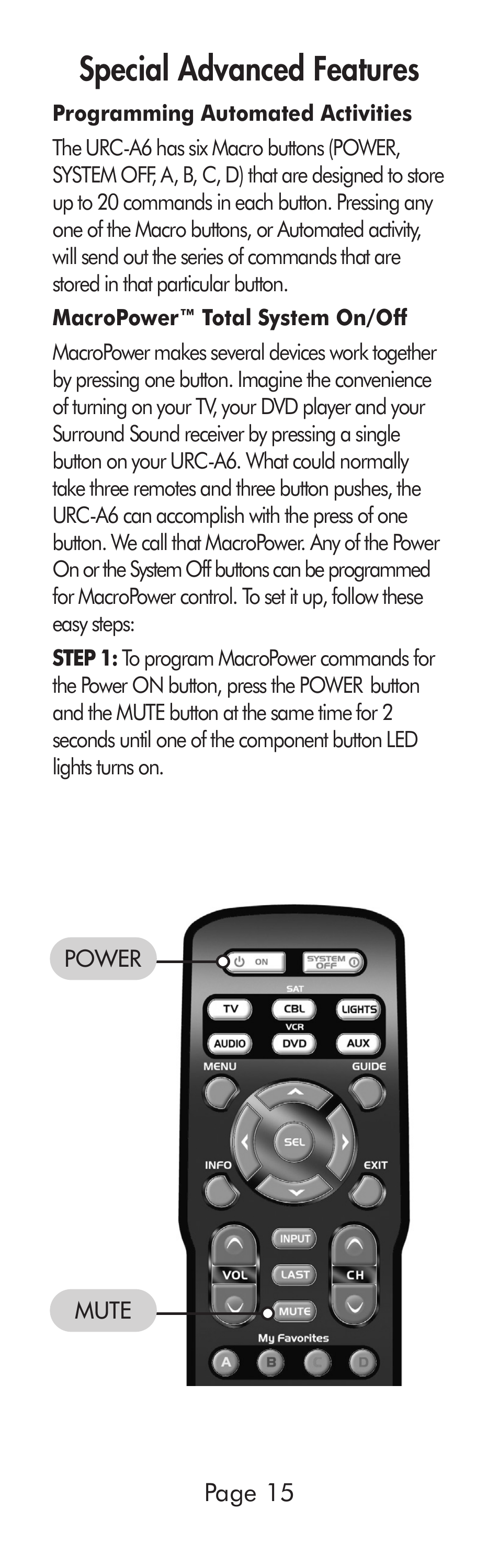 Special advanced features | Universal Remote Control (URS) A6 User Manual | Page 15 / 48