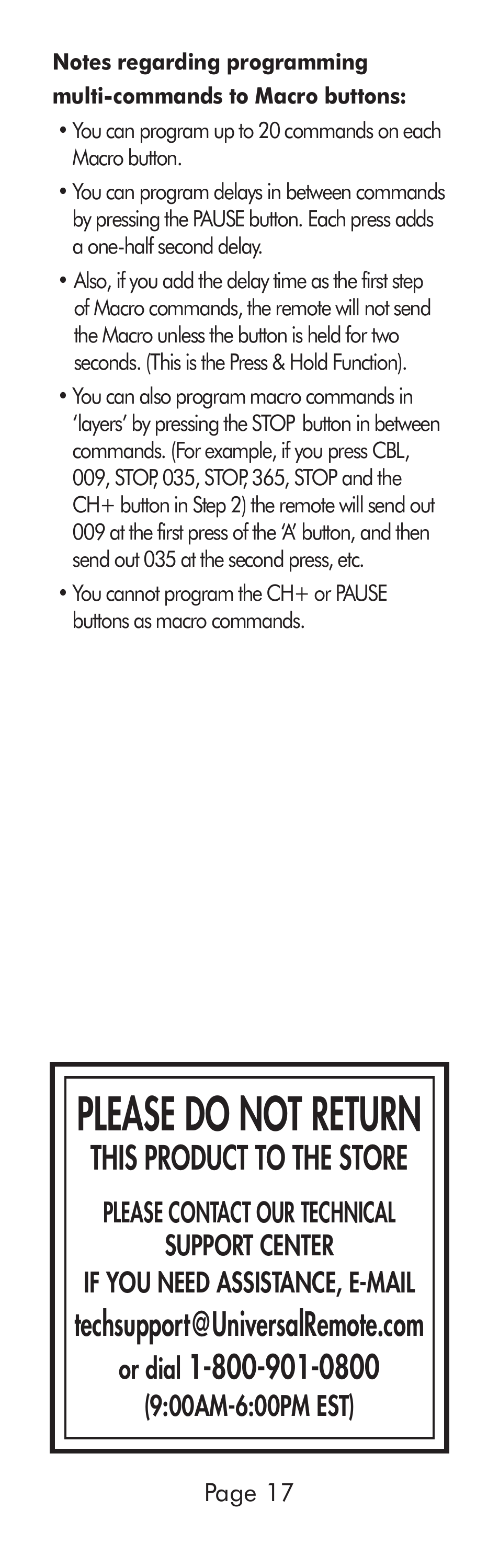 Please do not return, This product to the store | Universal Remote Control (URS) A6 User Manual | Page 17 / 48