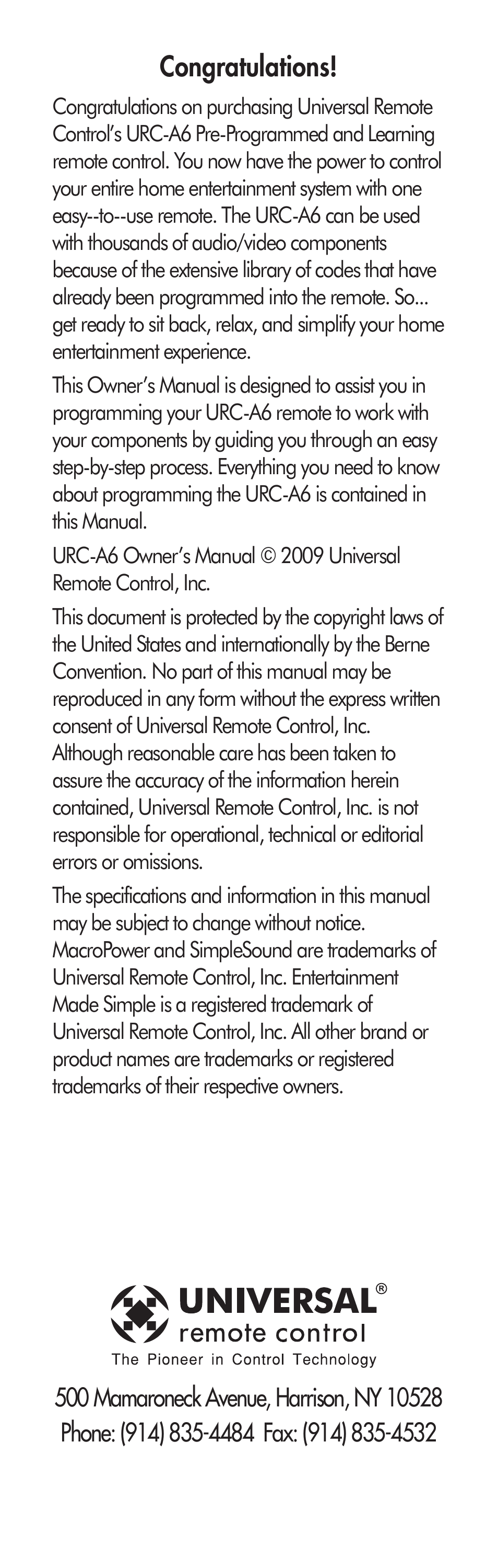 Universal Remote Control (URS) A6 User Manual | Page 2 / 48