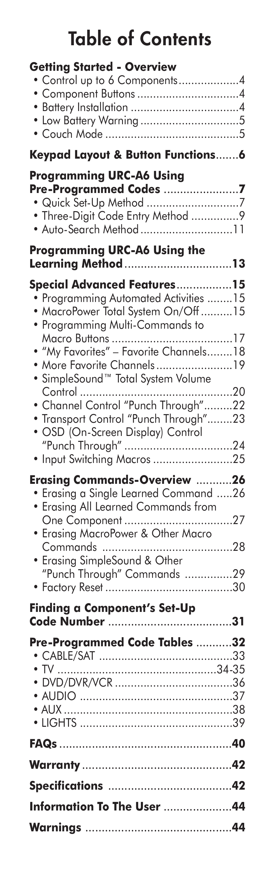 Universal Remote Control (URS) A6 User Manual | Page 3 / 48