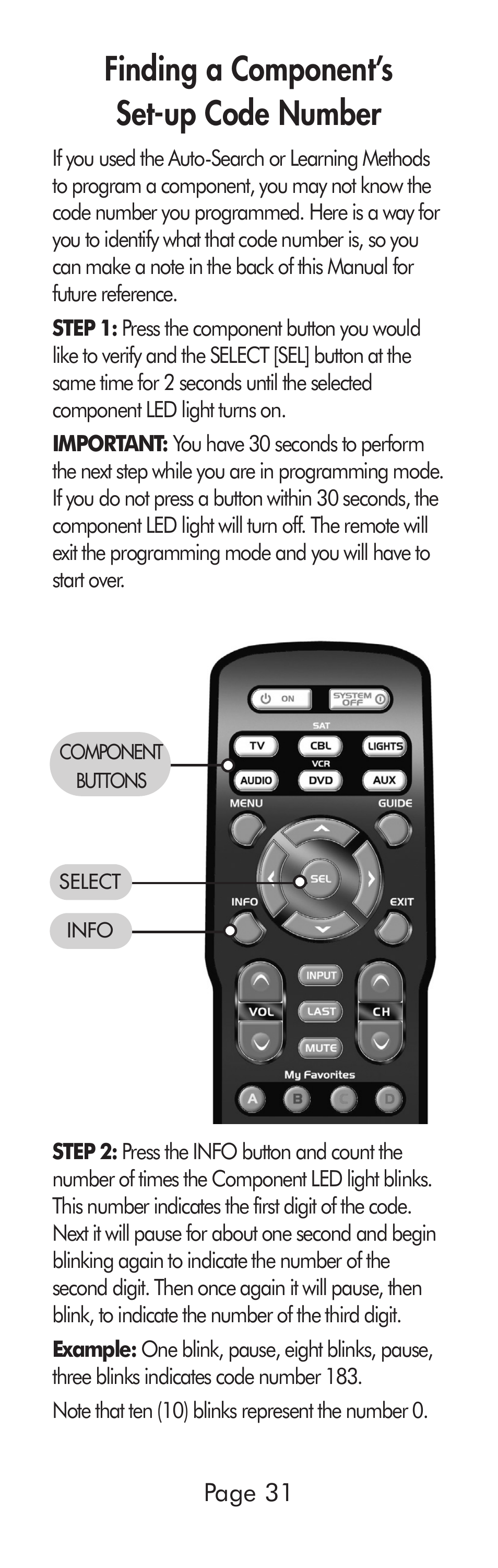 Finding a component’s set-up code number | Universal Remote Control (URS) A6 User Manual | Page 31 / 48