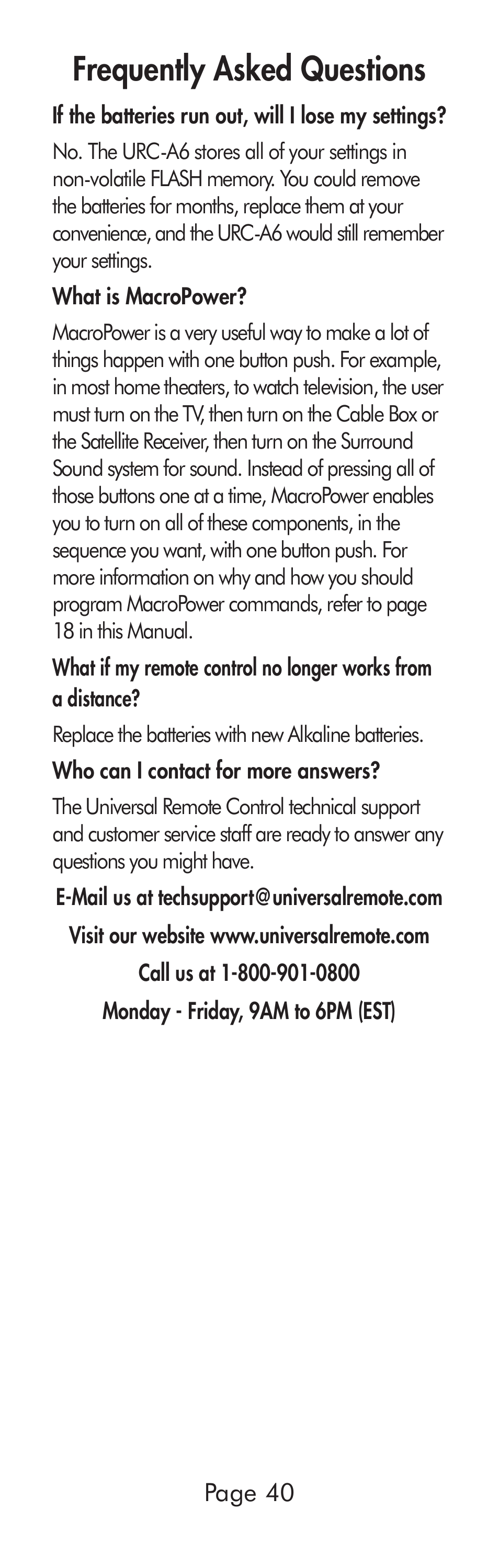 Frequently asked questions | Universal Remote Control (URS) A6 User Manual | Page 40 / 48