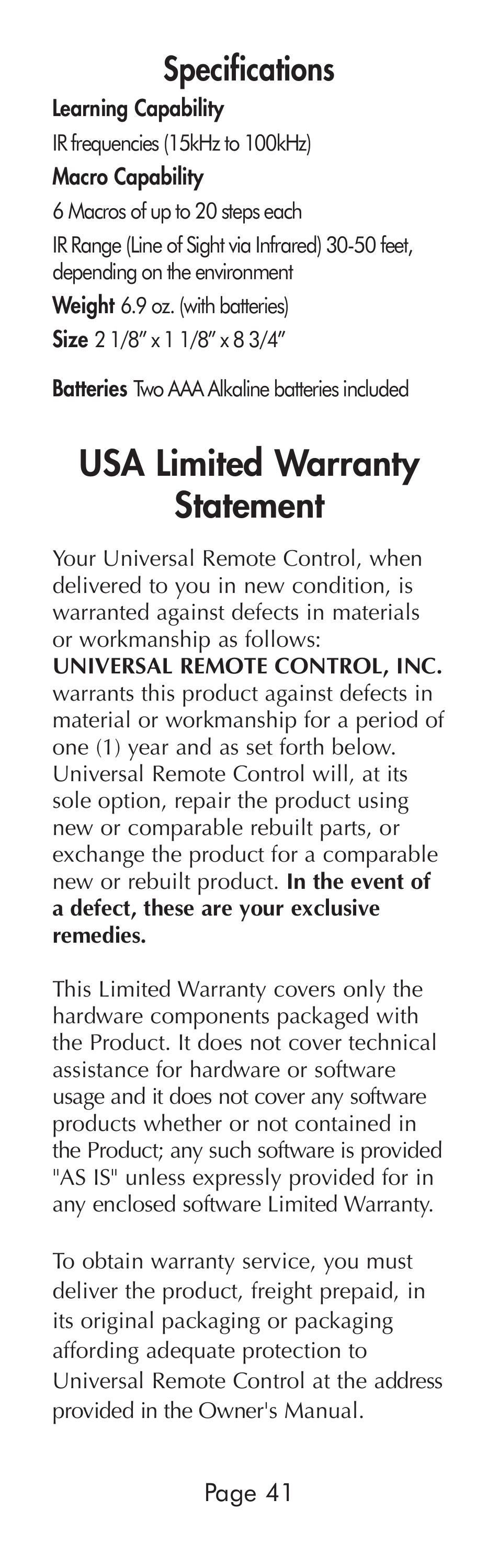 Usa limited warranty statement, Specifications | Universal Remote Control (URS) A6 User Manual | Page 41 / 48