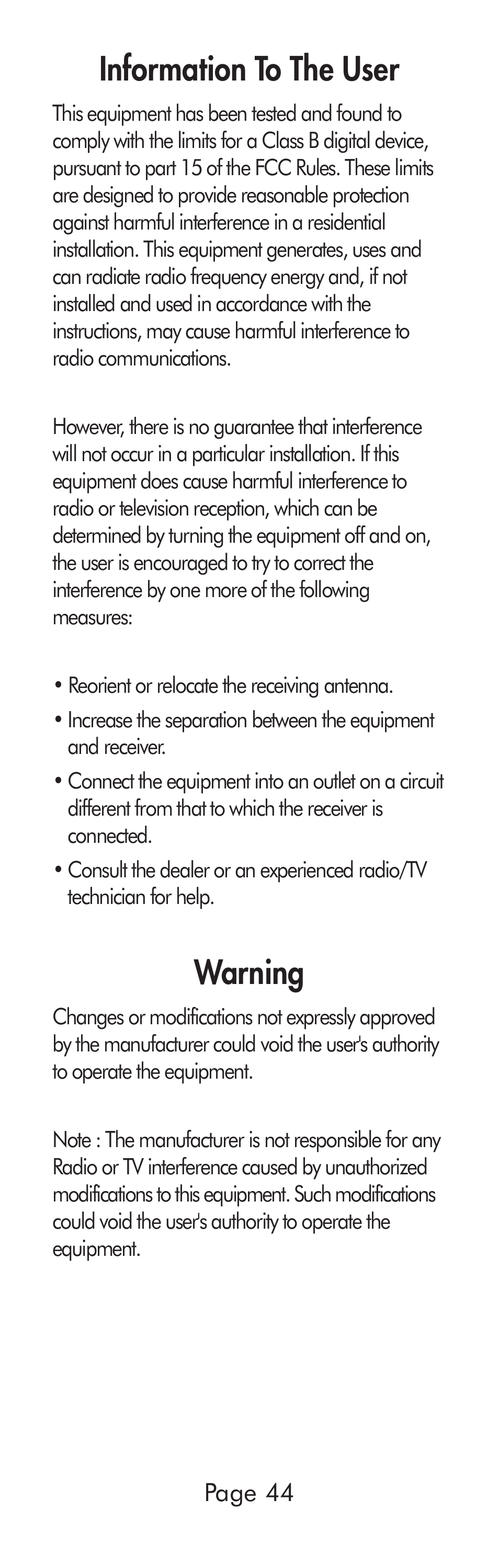 Information to the user, Warning | Universal Remote Control (URS) A6 User Manual | Page 44 / 48