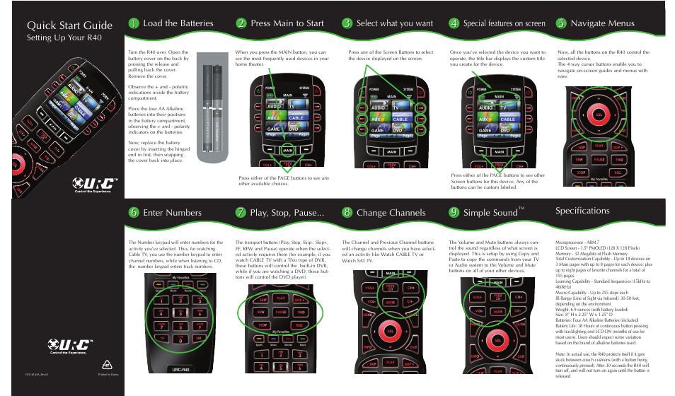 Universal Remote Control (URS) R40 User Manual | 2 pages