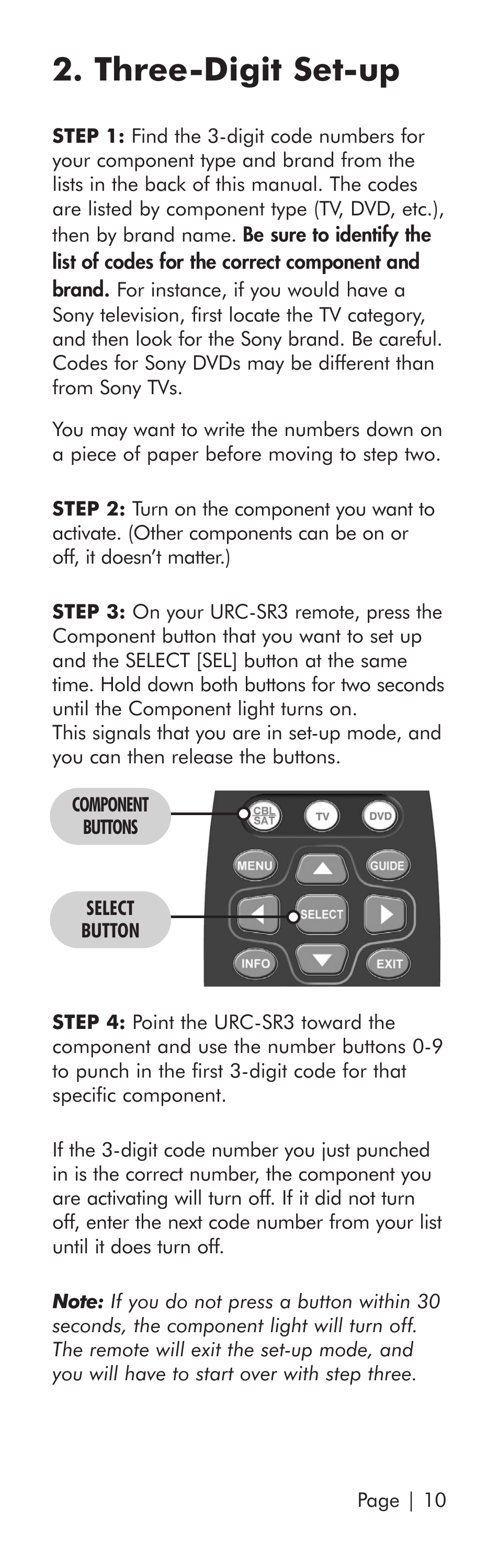 Three-digit set-up | Universal Remote Control (URS) SR3 User Manual | Page 11 / 52
