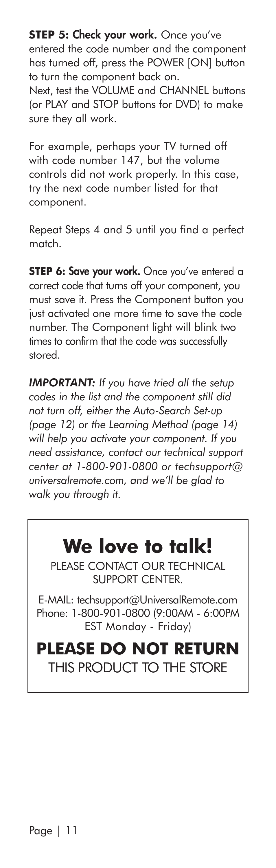 We love to talk, Please do not return, This product to the store | Universal Remote Control (URS) SR3 User Manual | Page 12 / 52