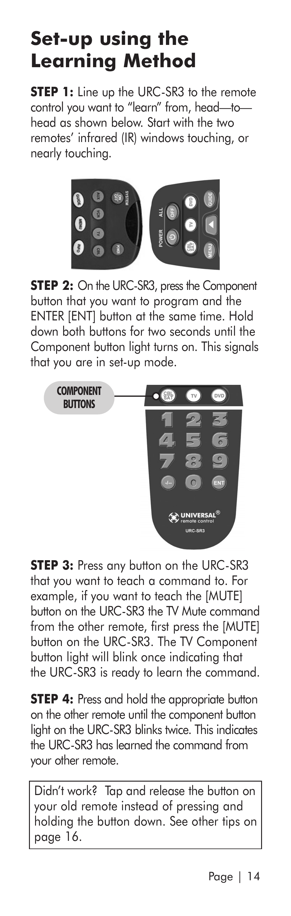 Set-up using the learning method | Universal Remote Control (URS) SR3 User Manual | Page 15 / 52