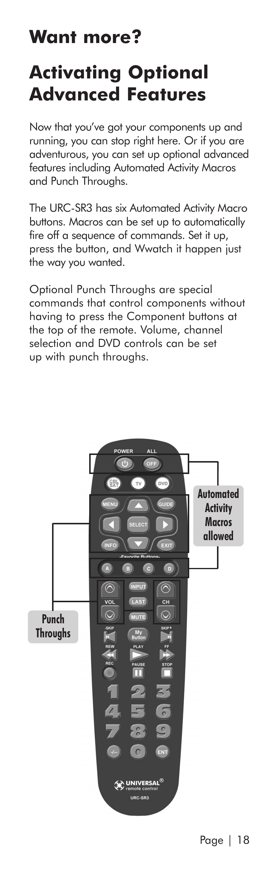 Want more? activating optional advanced features | Universal Remote Control (URS) SR3 User Manual | Page 19 / 52