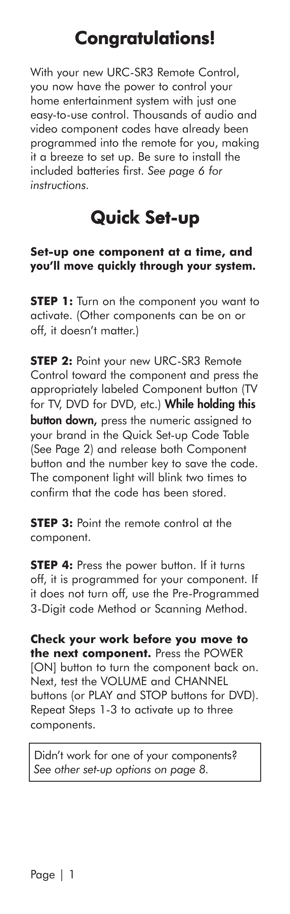 Quick set-up | Universal Remote Control (URS) SR3 User Manual | Page 2 / 52