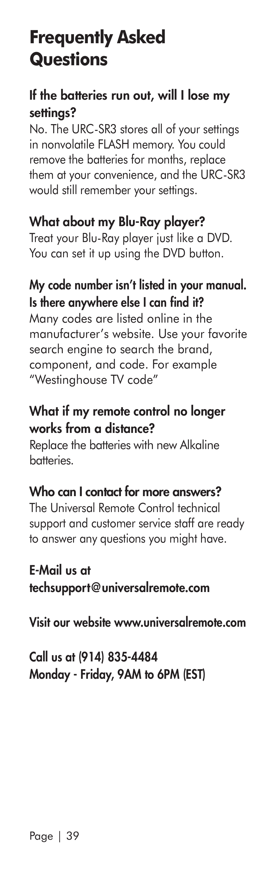 Frequently asked questions | Universal Remote Control (URS) SR3 User Manual | Page 40 / 52