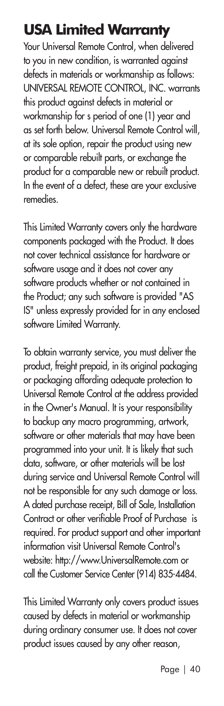 Usa limited warranty | Universal Remote Control (URS) SR3 User Manual | Page 41 / 52