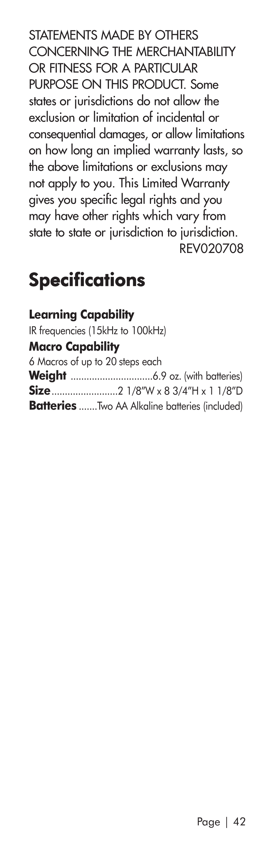 Specifications | Universal Remote Control (URS) SR3 User Manual | Page 43 / 52