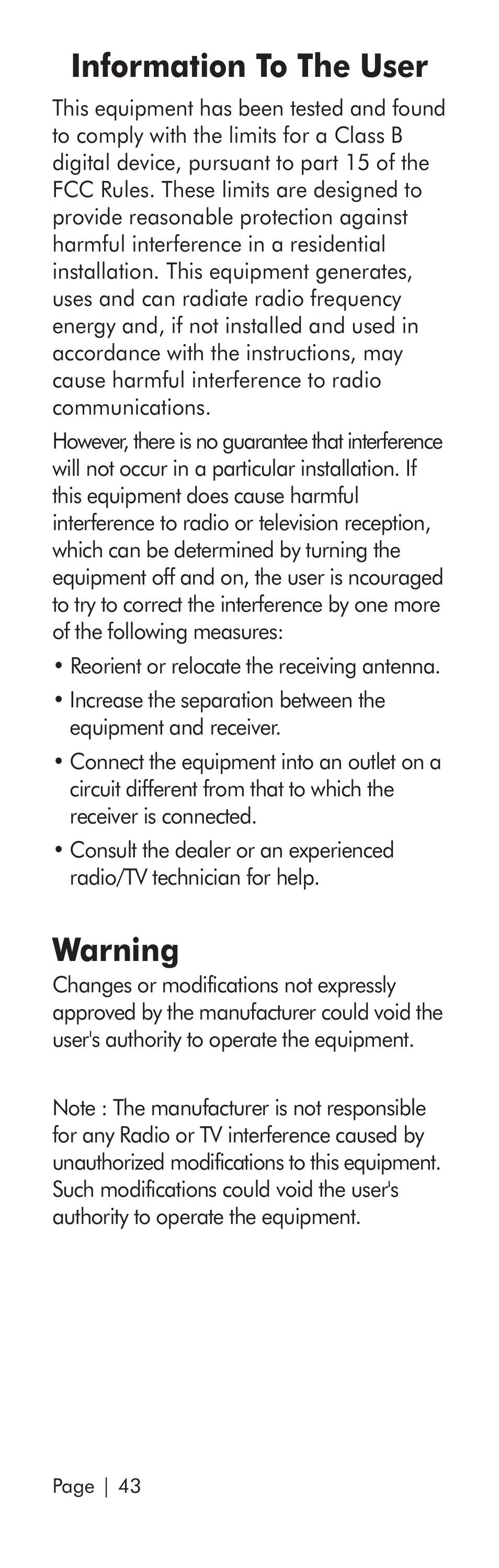 Information to the user, Warning | Universal Remote Control (URS) SR3 User Manual | Page 44 / 52