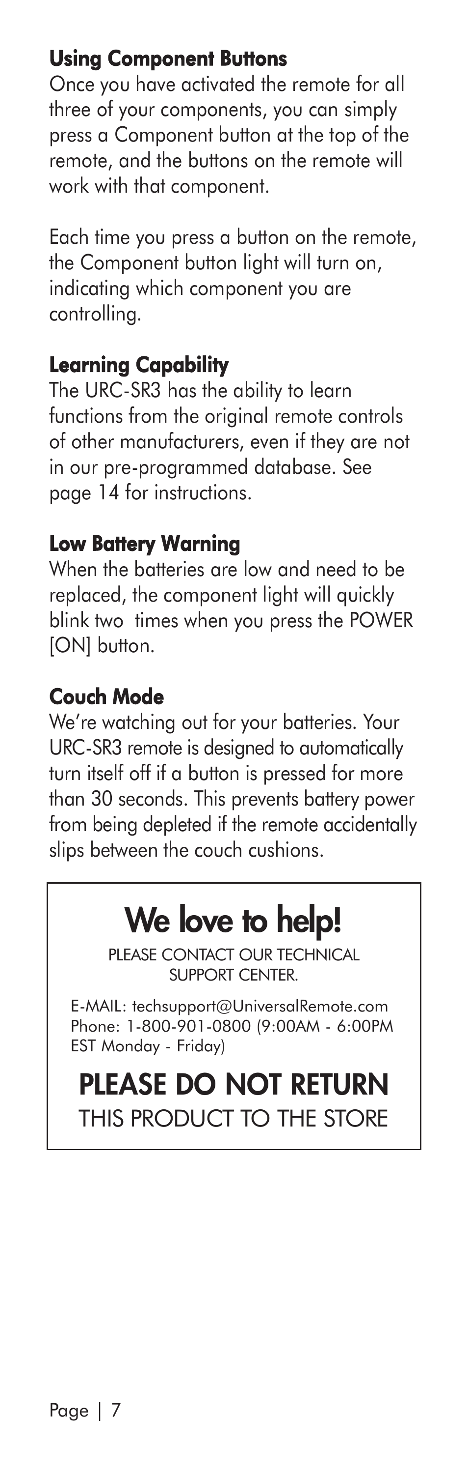 We love to help, Please do not return | Universal Remote Control (URS) SR3 User Manual | Page 8 / 52