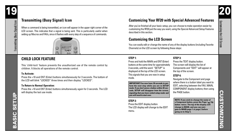 Basic setup customizing | Universal Remote Control (URS) RFS200 User Manual | Page 11 / 61