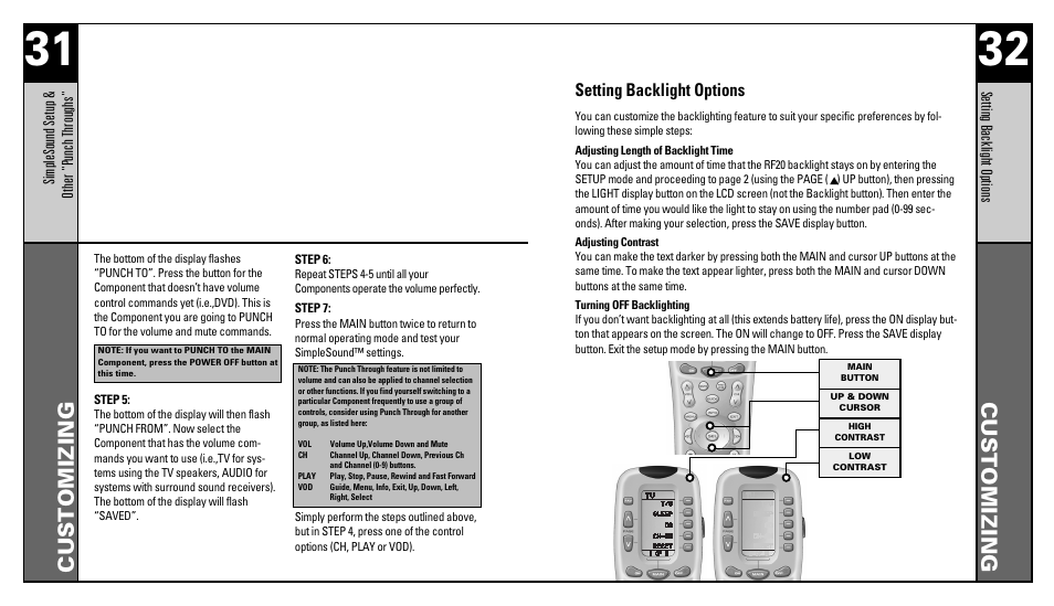 Customizing, Setting backlight options | Universal Remote Control (URS) RFS200 User Manual | Page 17 / 61