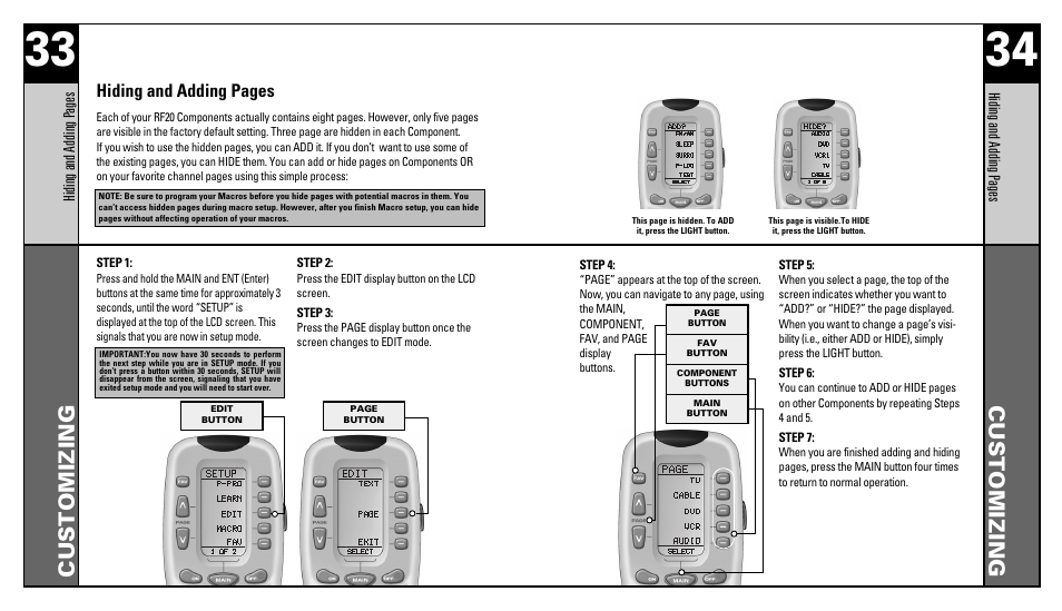 Customizing, Hiding and adding pages | Universal Remote Control (URS) RFS200 User Manual | Page 18 / 61