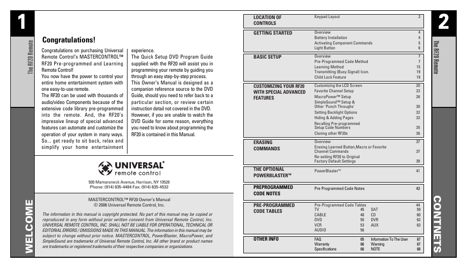 Contnets, Welcome, The rf20 remote | Universal Remote Control (URS) RFS200 User Manual | Page 2 / 61