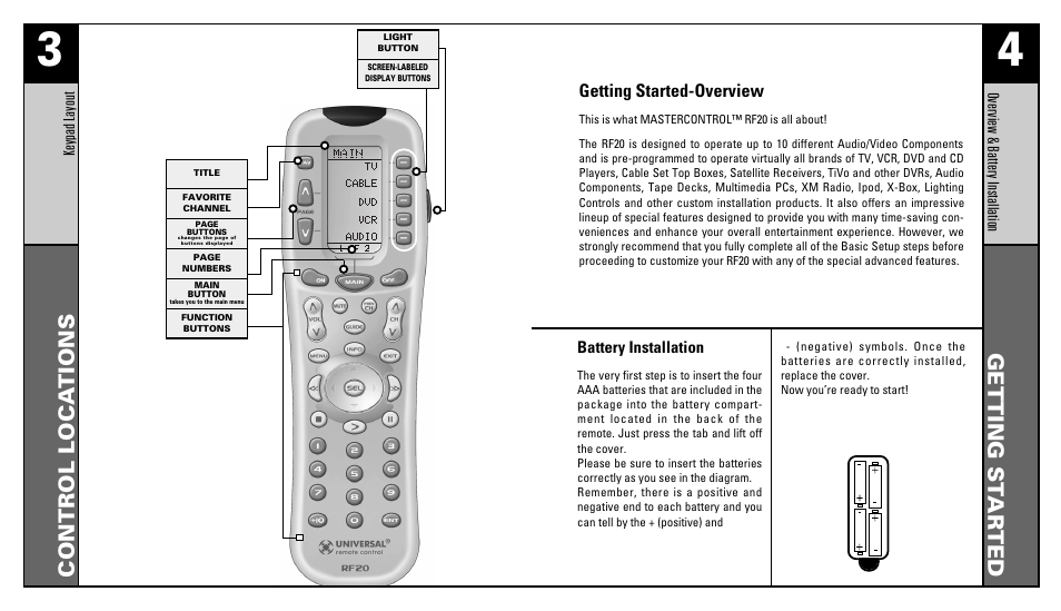 Control loca tions, Getting st ar ted, Getting started-overview | Universal Remote Control (URS) RFS200 User Manual | Page 3 / 61